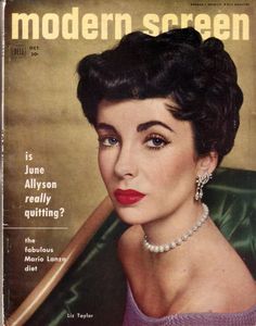 the cover of modern screen magazine with a woman in purple dress holding a baseball bat