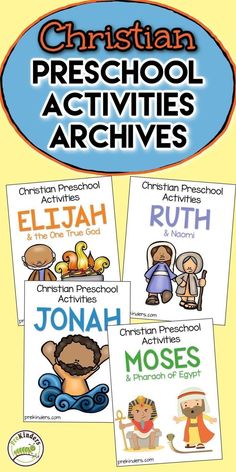 christian preschool activities for kids with the words, names and pictures in blue on yellow background