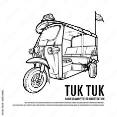 the tuk tuk hand drawn sketch illustration on white background with black and white text