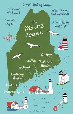 the maine coast map with lighthouses and buildings