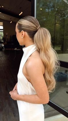 Wedding Sleek Ponytail, Slick Back Ponytail Wedding Hair, Sleek Ponytail Wedding Hair, Slicked Back Ponytail Wedding, Sleek Bridal Ponytail, Rehearsal Dinner Hair For Bride, Bridal Hair Ponytail