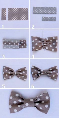 the instructions for how to tie a bow tie with polka dots on grey and white