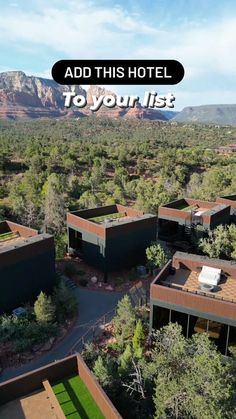 an aerial view of some buildings in the middle of trees and mountains with text that reads add this hotel to your list