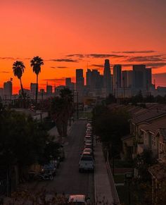 the sun is setting over a city with palm trees and parked cars in front of it