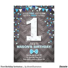 a blue and gray birthday party card with the number one on it's front