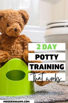 a teddy bear sitting on top of a green potty training device with the words, 2 day potty training that works