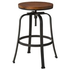 the backless stool has a wooden seat and metal frame, as well as an adjustable foot