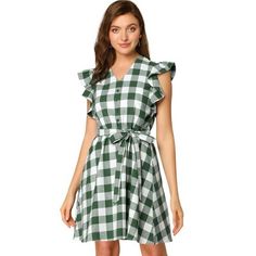 The plaid shirt dress is a must-have piece for summer! Create a retro silhouette with this vintage check shirt dress. This ruffled sleeve dress will see you through warmer days in effortless style. With an on-trend check print, this classic button-decor style boasts a shirt dress shape and nips in the waist with a tie waist for showing your waistline. Spring Preppy Short Sleeve Plaid Dress, Preppy Short Sleeve Plaid Dress For Spring, Gingham Plaid Short Sleeve Dress For Summer, Short Sleeve Plaid Dress With Ruffles For Picnic, Casual Short Sleeve Plaid Dress For Picnic, Casual Plaid Short Sleeve Dress For Picnic, Preppy Knee-length Summer Dresses, Casual Plaid Dress For Spring Picnic, Chic Short Sleeve Plaid Dress For Picnic