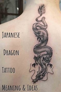 the back of a woman's neck with tattoos on it and an image of a dragon