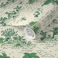 an image of a green and white wallpaper with trees, plants and animals on it