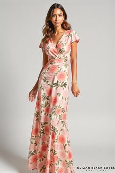 Elegant Floral Wrap Maxi Dress with Flutter Sleeves Floral Print Mother Of The Bride Dresses, Coral Floral Dress, Formal Garden Wedding Attire Guest, Simple Mother Of The Bride Dresses, Floral Maid Of Honor Dress, Floral Mother Of The Bride Dresses, Peach Color Bridesmaid Dresses, Floral Peach Dress, Garden Wedding Guest