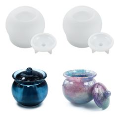 three vases and one bowl are shown in different colors