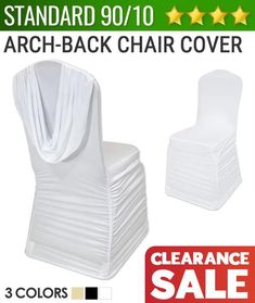 stacking chairs with white covers are on sale for $ 3 99 or each chair cover