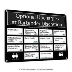 a black and white sign that says options to purchase items at bartender dissection