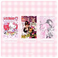 three different anime covers on a pink checkered tablecloth with an image of hello kitty and other characters