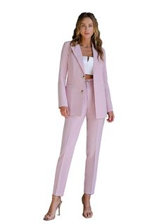 2-piece Womens Blazer Trouser Suit for office, business meetings, formal events and special occasions. Also perfectly combines with sneakers so after a long and tiring business day you can change you heels to sneakers and still look chic. DETAILS -  regular fit pants -  high rise -  blazer is buttoned -  lined -  side pockets -  relaxed fit -  single breasted MATERIAL Premium quality suiting fabric, viscose, polyester and elastane  SIZES The models in photos are wearing a size S Available in 4 s Tailored Pink Bottoms For Office, Pink Tailored Bottoms For Office, Pink Fitted Office Bottoms, Pink Straight Dress Pants For Office, Tailored Pink Pants For Workwear, Pink Straight Pants For Office, Tailored Pink Workwear Pants, Chic Pink Dress Pants For Office, Pink Notch Lapel Blazer For Business Casual