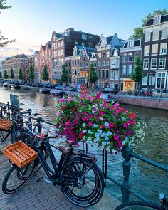 bicycles parked on the side of a river with flowers in baskets next to each other