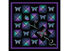 a black and purple quilt with two butterflies on the front, one flying in the air