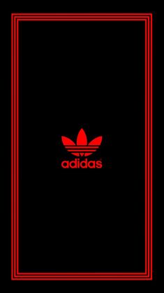 the adidas logo on a black background with red trimming and a square frame