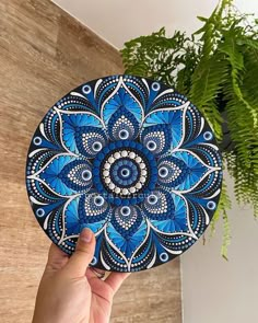 a hand holding up a blue and white plate next to a potted green plant