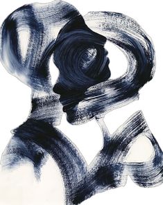 a woman's profile is drawn with black and white ink on paper, in the shape of an abstract figure