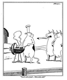 two cows are grilling on an outdoor bbq while another cow is standing next to them