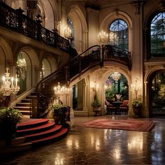 a large foyer with chandeliers and stairs leading up to the second floor area