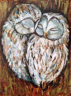 an oil painting of two owls sleeping on top of each other