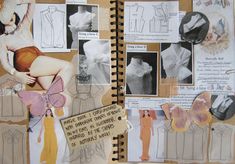 an open book with pictures and words on it, including paper dolls and clothing tags