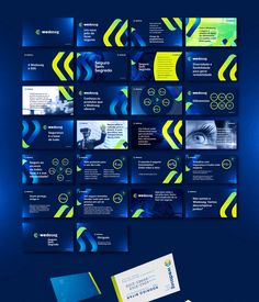 a blue and yellow brochure with business cards on it