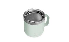 thermos cup with handle and lid is shown in light green, on a white background