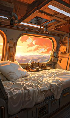 an artist's rendering of the inside of a space ship bedroom with a bed and window