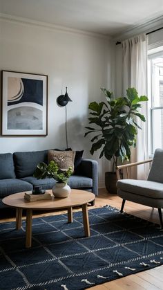 a living room filled with furniture and a potted plant