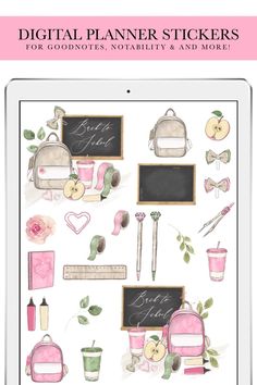 the digital planner stickers are pink and white with flowers, books, pencils, pens