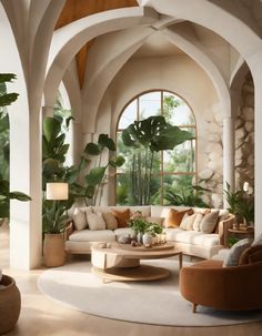 a living room filled with lots of furniture and plants