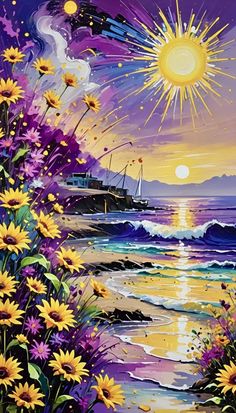 a painting of the sun setting over the ocean with flowers in front of it and a boat on the water