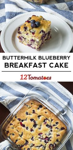 blueberry breakfast cake on a plate with the words, buttermik blueberry breakfast cake