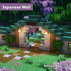 the japanese wall in minecraft with purple flowers and trees on either side of it