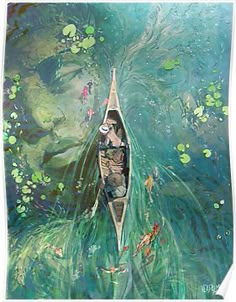 a painting of a person in a canoe floating on water with lily pads and koi fish