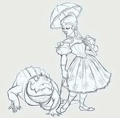 the princess and the frog are ready to be drawn in this coloring page for kids