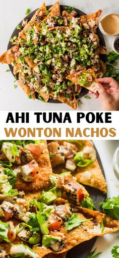 two plates with nachos on them and the words ahi tuna poke wonton nachos