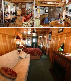 the inside of a house with wood paneling and furniture, including a bed, couch, table, chair, desk