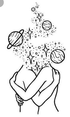 a black and white drawing of a woman with her hands on her chest, surrounded by planets