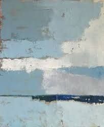 an abstract painting with blue, white and grey colors on the water's surface