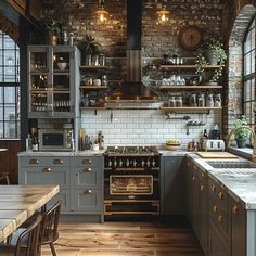 a kitchen with brick walls and wooden floors