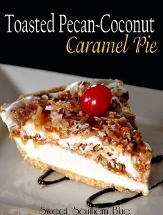 toasted pecan - coconut caramel pie on a white plate