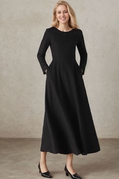 ★★ FEATURES * 30% wool, other fiber, nylon * Polyester lining * Two side pockets * Back zipper closure * Long sleeves * Fitted waist dress * Black wool dress * Winter wool dress * Perfect for Winter, autumn * Dry clean ★★ The model is 170 cm (5′ 7″) tall with a 80 cm (31.5") bust, 66 cm (26") waist. She is wearing the wool dress in size XS. ★★ Bespoke Order Service If you Request other color Request the length Request a sleeve Your height is not between 155 cm- 172 cm Your weight is over 75 kg I can do it for you, It will need some extra fee depending on on your need. Contact with me for more detail. ★★ Get your size in Size Chart with your body measurement https://www.etsy.com/listing/794055682 ★★ Warmly Note: 1 ) : Please confirm your shipping address! If you wish to ship the item to a d Wool Evening Dress For Winter, Wool Long Sleeve Dresses For Work, Formal Wool A-line Dress, Formal Long Sleeve Wool Dress, Wool Evening Dress For Fall, Black Wool Evening Dress, Black Wool Dress For Evening, Fall Evening Wool Dress, Fitted Wool Dress With Long Sleeves