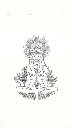 a drawing of a woman sitting in the middle of a circle with leaves around her