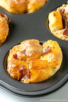 breakfast muffins with bacon and cheese in a muffin tin ready to be eaten