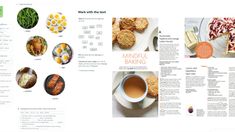 an article in a magazine with pictures of food and drinks on the pages, including muffins